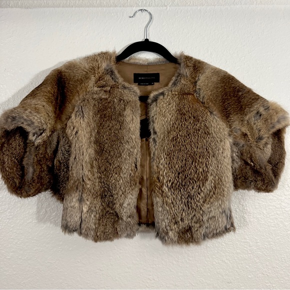 BCBGMAXAZRIA Womens Brown Fur Open Front Bolero Short Sleeve Coat
